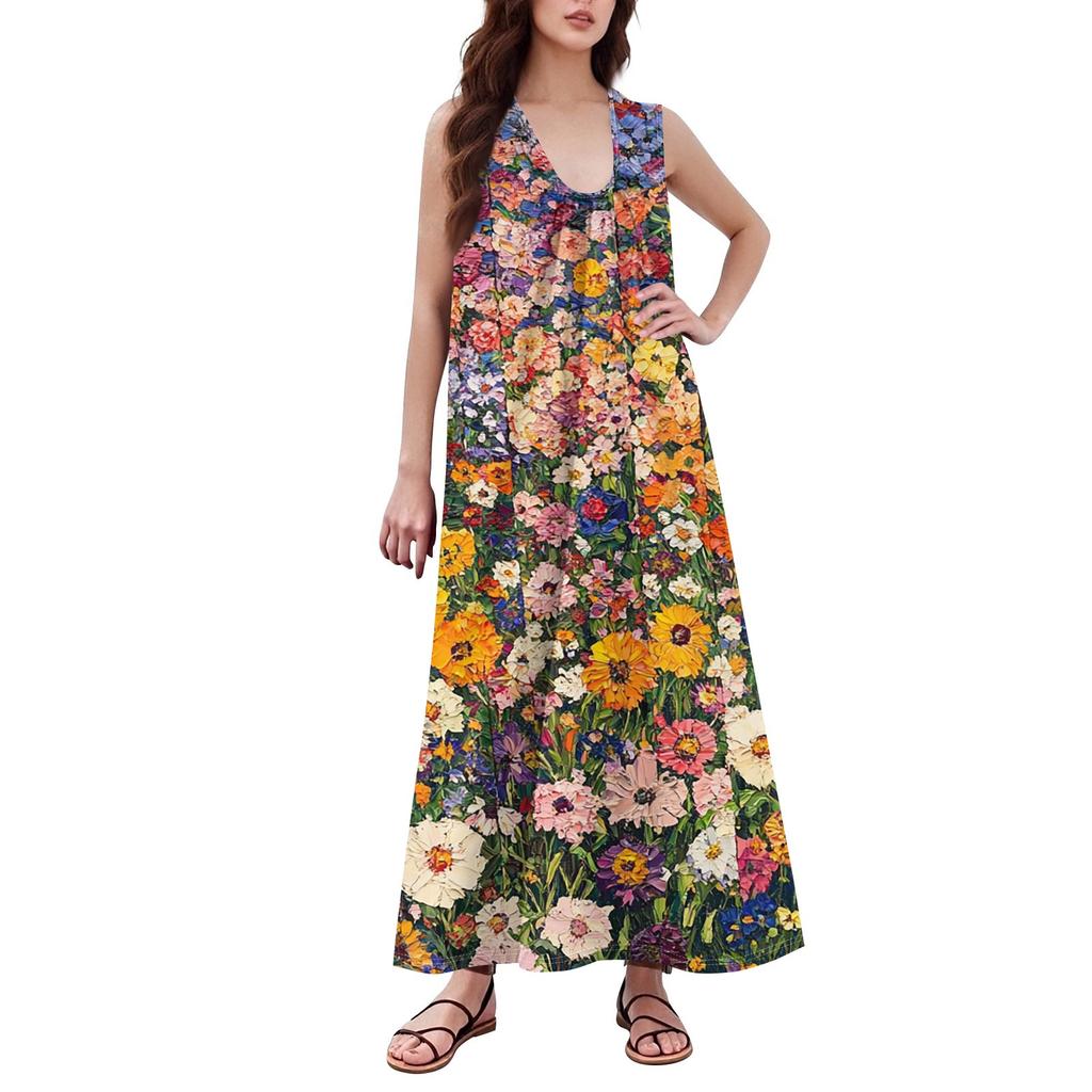 Women's Fashion Casual A-line Retro Printed Hammer Feeling Loose Long Skirt With Pockets