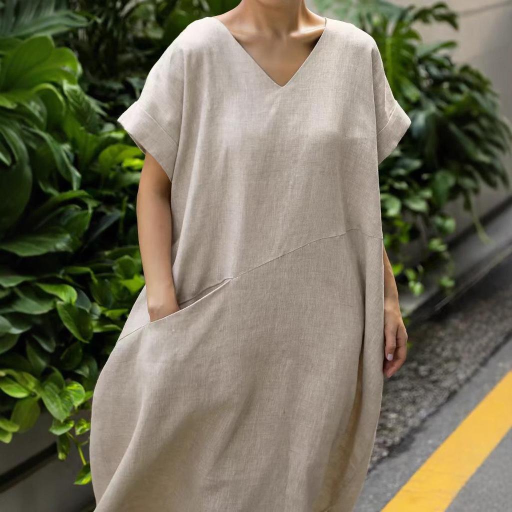 Japanese Retro Linen V-neck Dress with Big Pockets (2025 Collection)