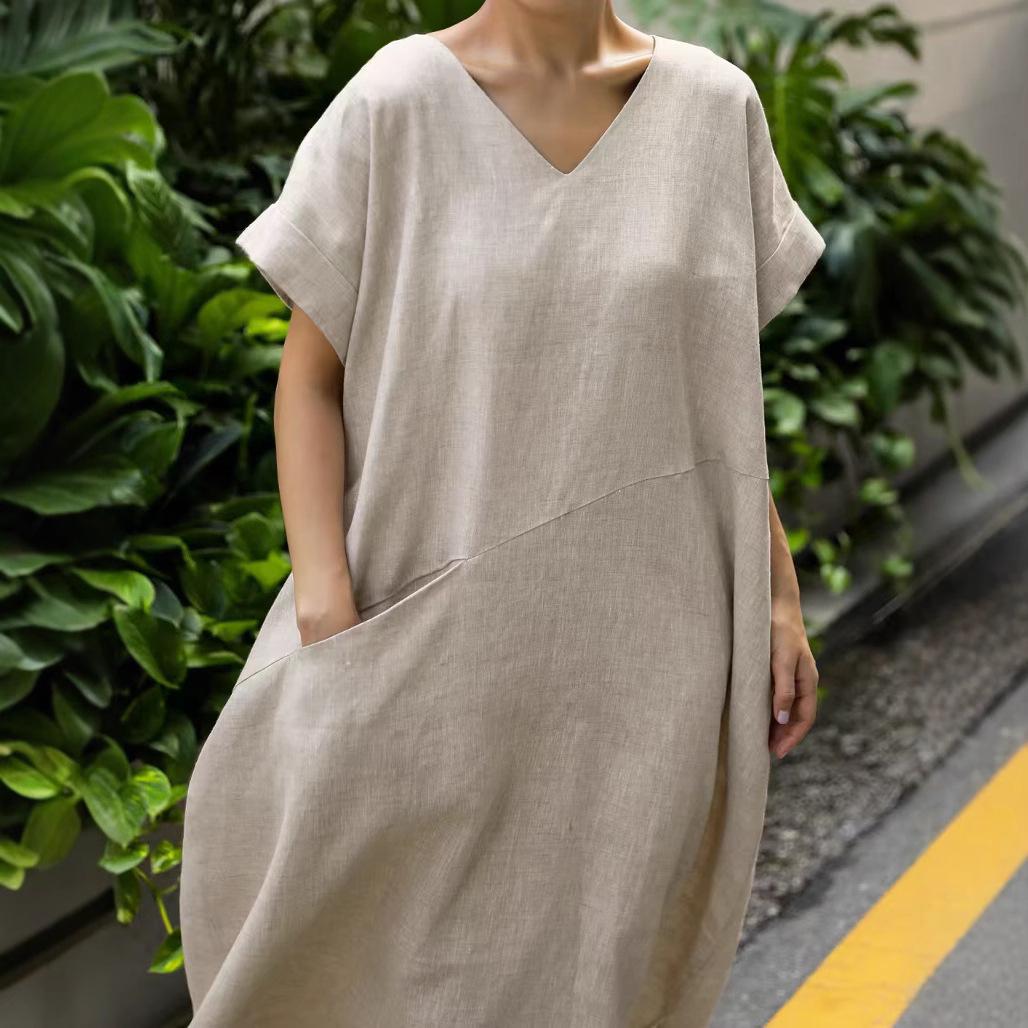 

Japanese Retro Linen V-neck Dress with Big Pockets (2025 Collection) One Size чёрный