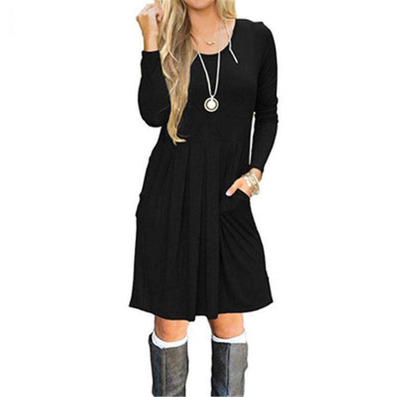 Women's Casual Swing T Shirt Dress Long Sleeve Pocket Loose Tunic For Effortless Style