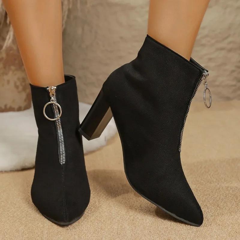 2025 Stylish Women's Boots Pointed Toe Thick Heel High Quality Leather Autumn Mature Ankle Boots Casual Comfortable Shoes Ladies