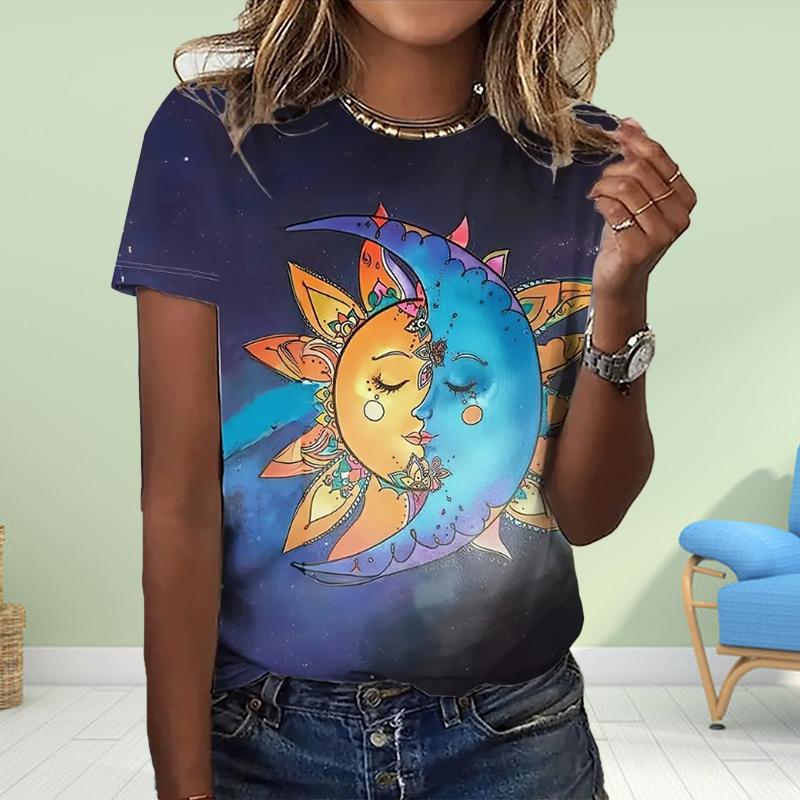 Fashion Women Sun&Fairy Print T Shirt Funny Casual O-neck Short Sleeves T-shirt Summer Female Tee Shirt
