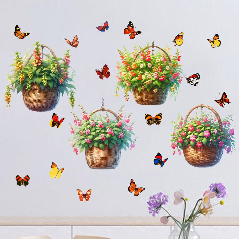 Flower Basket Butterfly Rose Peony Decals Self-adhesive Waterproof Wall Sticker