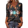 Women's Casual V-Neck Three-Quarter Sleeve Top with Halloween Print