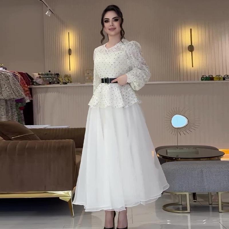 2024 Summer Polka Dot Print Top & Solid Mesh Midi Skirt Set