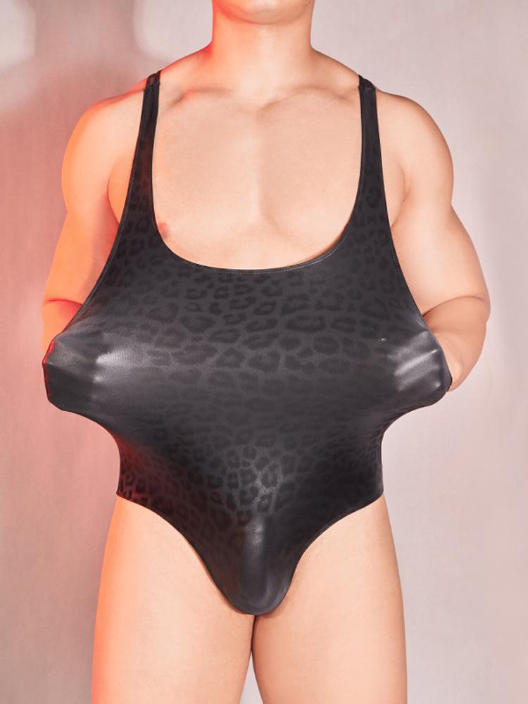 Sexy Leopard Pu Pajamas Man Vest Bodysuit Onesie Men Sleepwear Allure Faux Leather One Piece Pajamas Exotic Shapewear New In Now