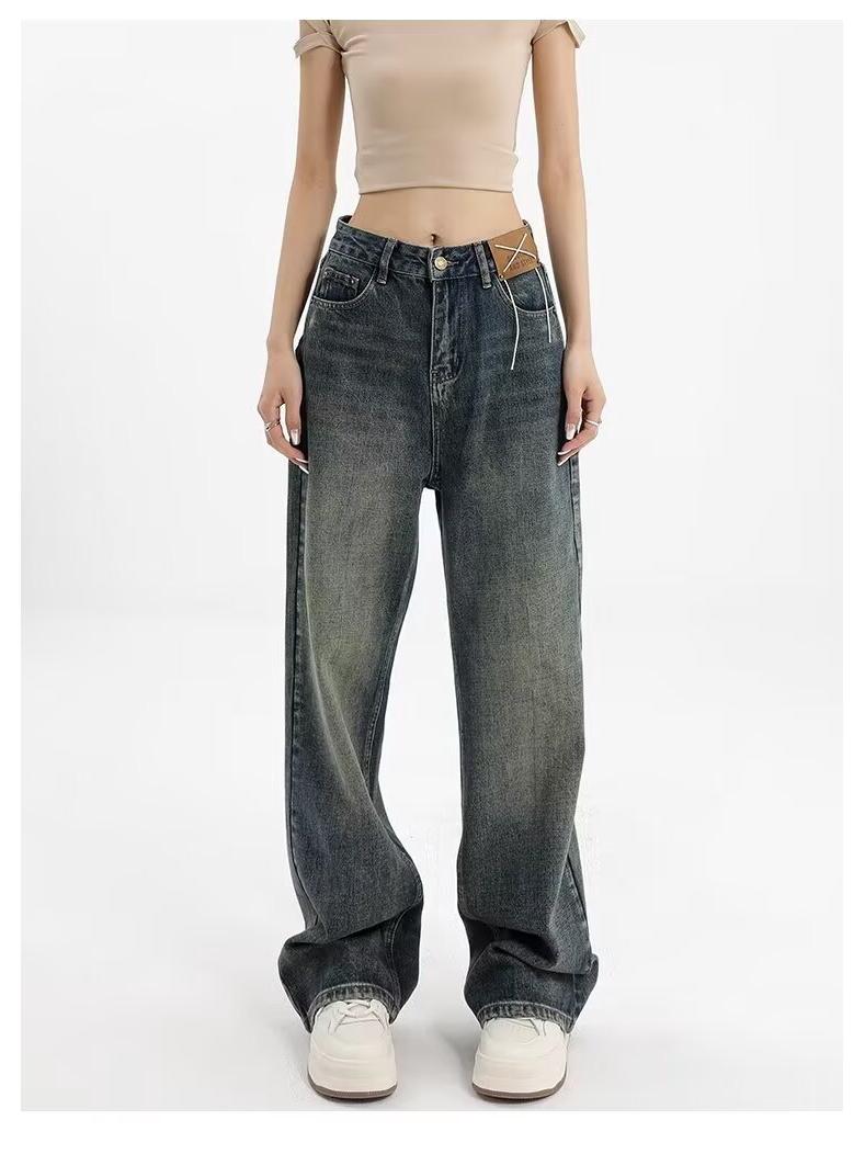 

Autumn Women s High-Waist Retro Distressed Wide-Leg Jeans - Versatile, Casual, Loose Fit 3XL синій