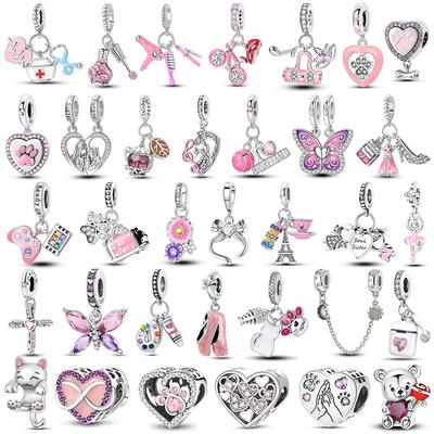 Original Pink Series Charms Copper Perfume Butterfly Beads Pendent Dangle Fit Bangle Charm Bracelet Diy Women Jewelry Gift