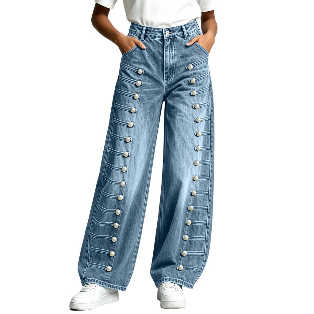 Jeans Casuales Rectos para Mujer con Botones Laterales para Uso Diario y Salidas