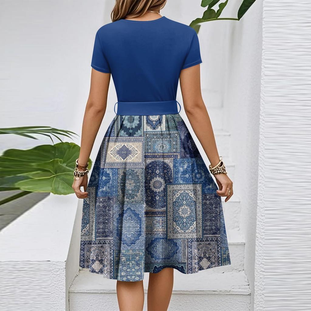 Damen Casual Mode Gürtel Vintage Bedruckt Kurzarm Rundhals Elegantes Kleid