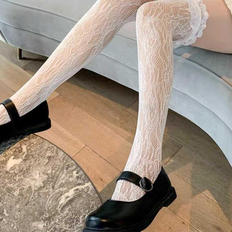 Women White Stockings Black Stockings Calf Socks Lace Lolita Socks Thin Version Over The Knee Socks Hollow Out Stockings