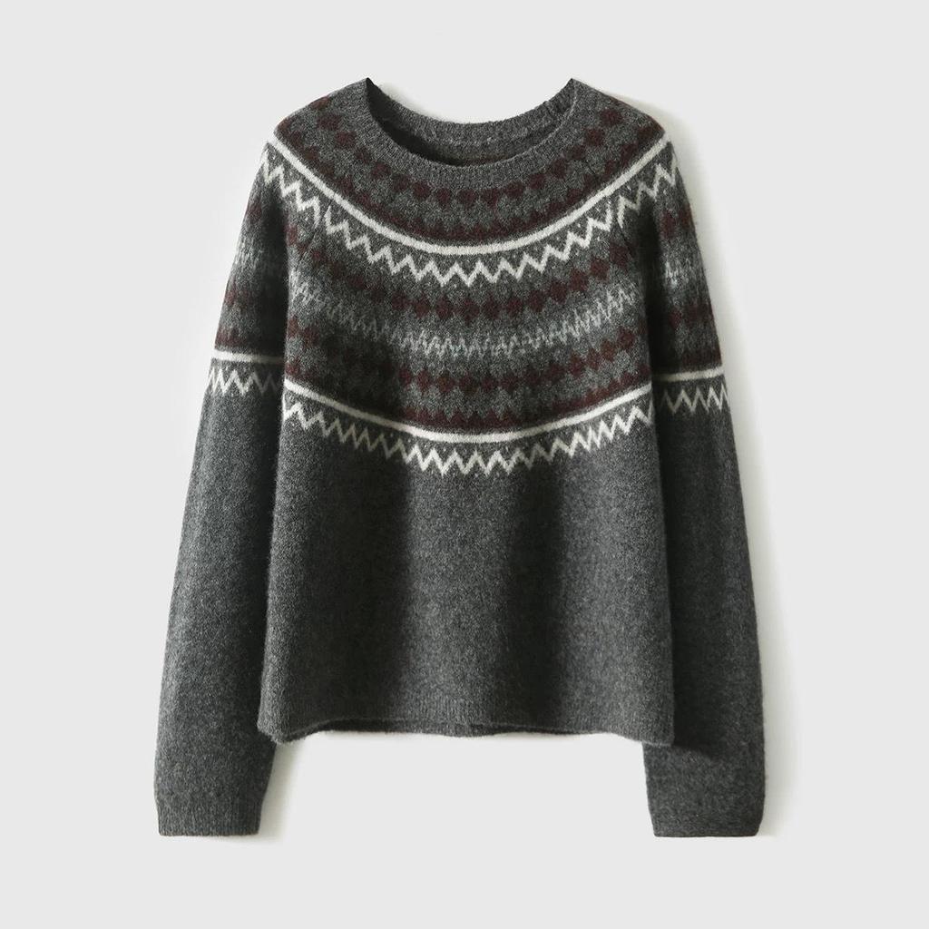 2025 Autumn/Winter Retro Fair Isle Jacquard Round Neck Long Sleeve Sweater