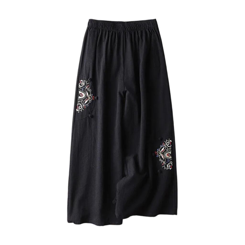 Women's Casual Loose Fit Cotton Linen Blend Lightweight Vintage Ethnic Embroidered Wide Leg Pants Versatile And Flattering 9/10 Length Cropped Pants