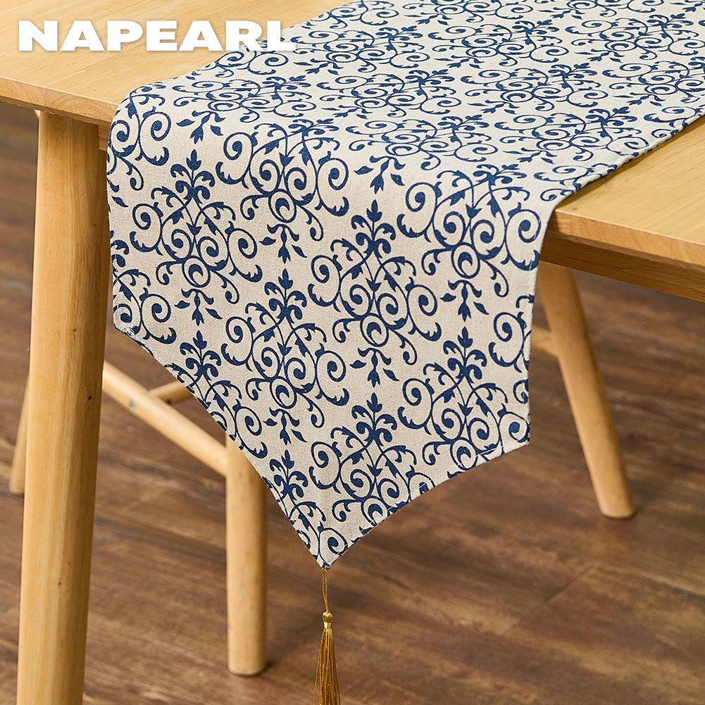 1PC NAPEARL Retro Chinese Blue and White Porcelain Printed Cotton and Linen Table Runner for Dining Table Coffee Table Home Decor