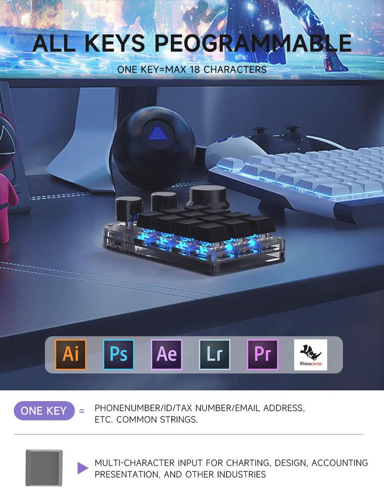 Macro Left Hand 12 with Rotating 3 7 Color RGB Red 18 Delay Improved Work Ideal for Video Axis and Cap DIY Left Hand Keypad Keyboard, Device, Keys,
