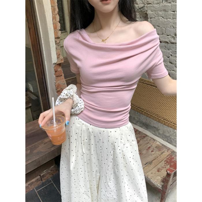 Spice Girl Solid Color Shoulder Slim and Thin T-shirt Summer Versatile Fashion Chic Pure Desire Style Sexy Niche Top