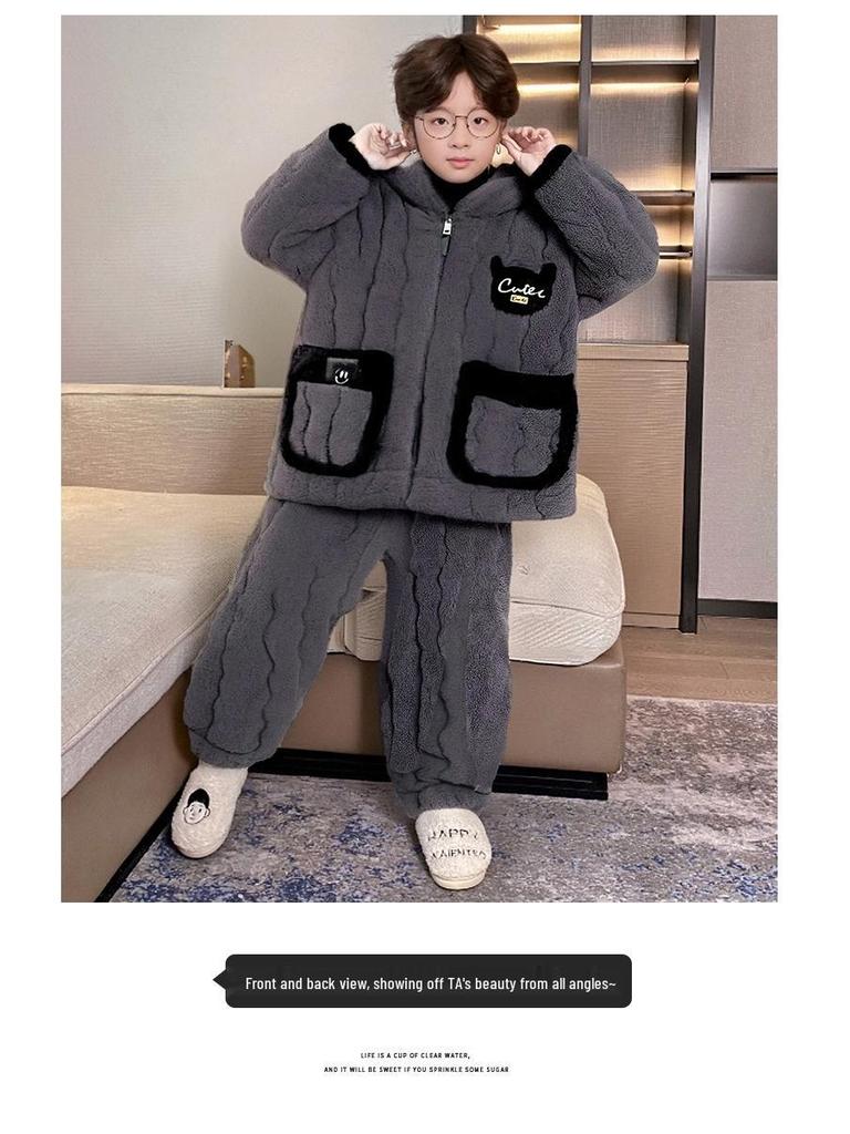 Boys' Thick Flannel Pajama Set - Children's Coral Fleece, Spring/Autumn 2025.