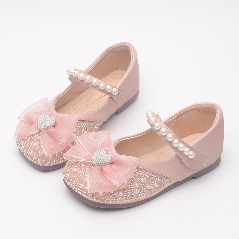 Girls' Princess Shoes Spring and Autumn New Rhinestone Pearl Flats for Baby Girls, Children's Non-Slip Performance Leather Shoes