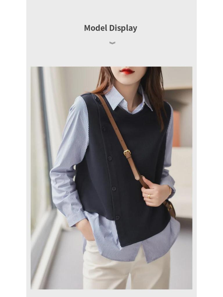 Women's Long Sleeve Striped Knitted Two-in-One Loose Top