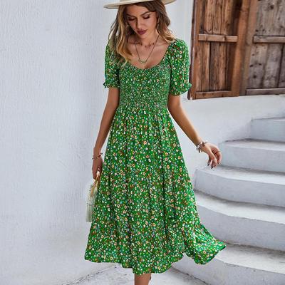 Spring Summer Long Print Women Casual Bohemian Short Sleeve High Waist Flroal Dresses For Ladies Leisure