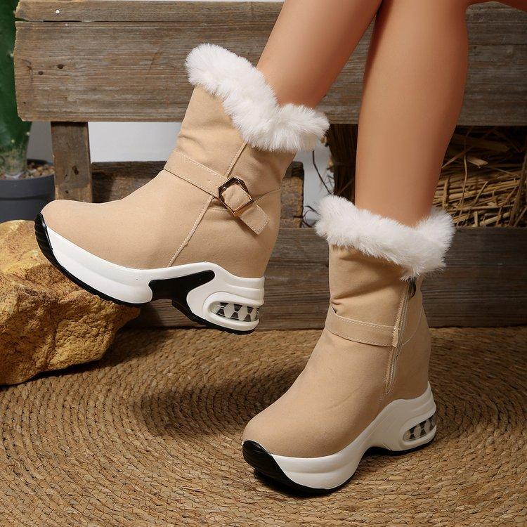 Large Size Thick Bottom Heightened Comfortable Warm Fluffy Boots Autumn and Winter New Metal Buckle Snow Boots Women
