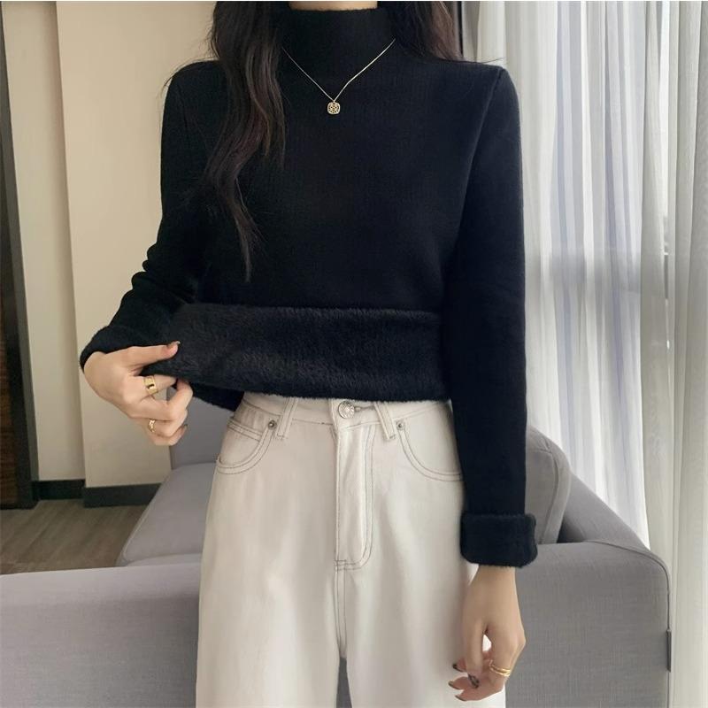 Pullover Autumn and Winter Sweater Women's Fleece Thickened Integrated Fleece with Semi-turtleneck Pullover Bottoming Knitted Sweater Thermal Top
