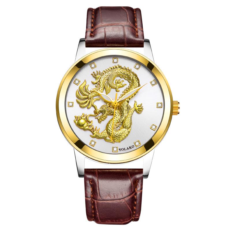 Chinese Style Fashion Diamond-encrusted Waterproof Gold Dragon Pattern Men's Watch Men's Watch Belt Watch Quartz Watch