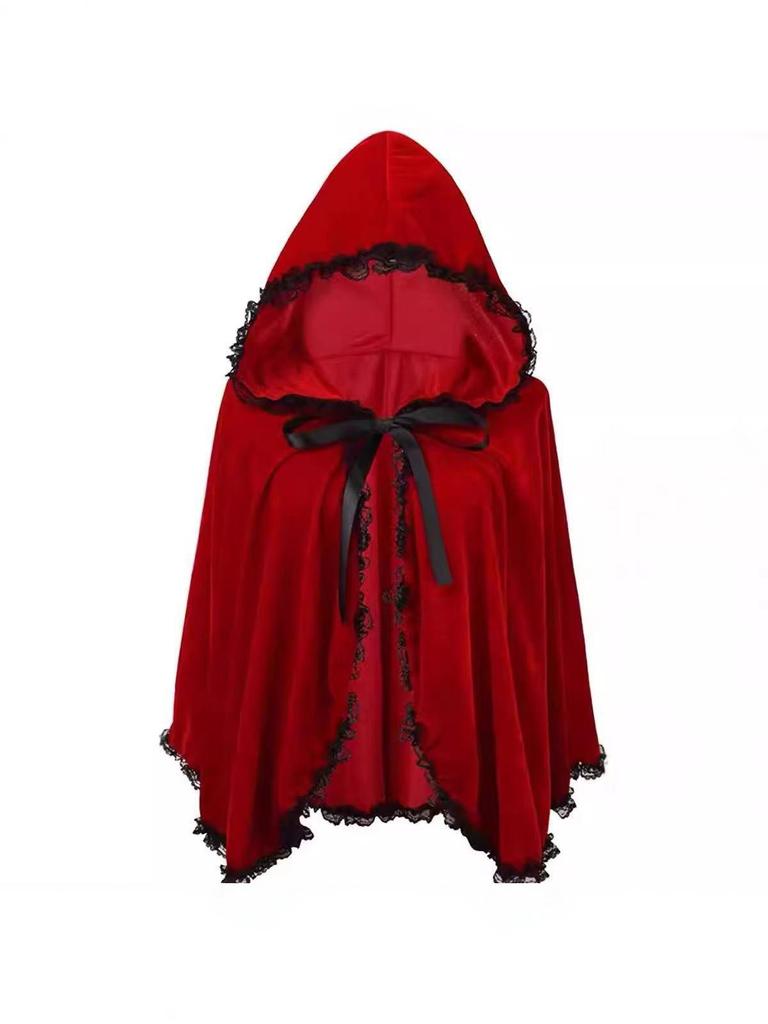 Women's Lace-Trimmed Red Hooded Cape - Halloween Costume Cloak Short Retro Trench Coat Stage Performance Wear