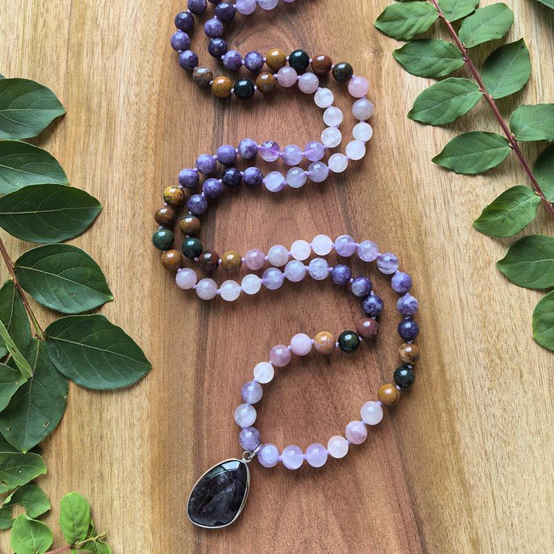 Natural Rose Quartz,Lepidolite,Amethyst Mala Necklace,108 Hand Knotted Meditation Japa Mala,Healing Crystals,Yoga Prayer Gift