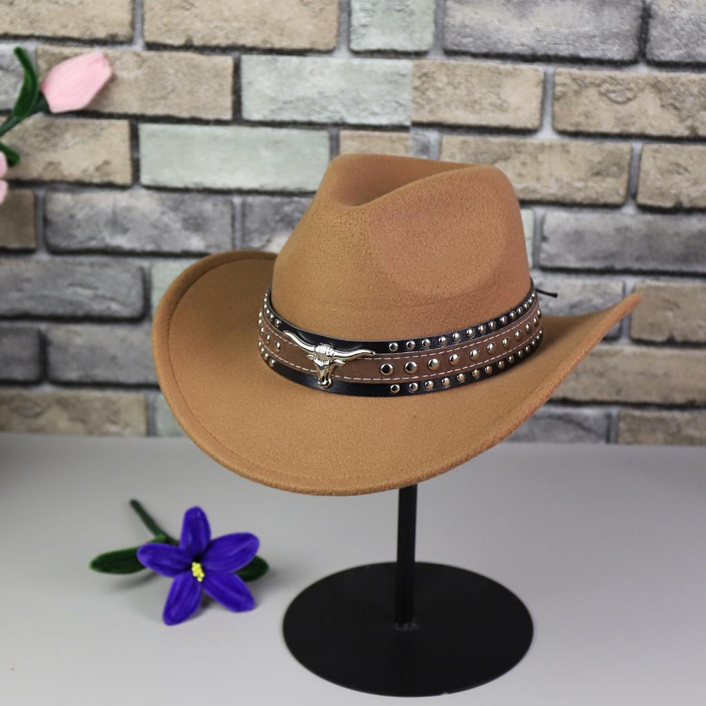 Western Cowboy Hat Big Edge Top Hat Women's European and American Jazz Hat Upturned Edge Felt Hat Tibetan Bull Head Casual Hat Men