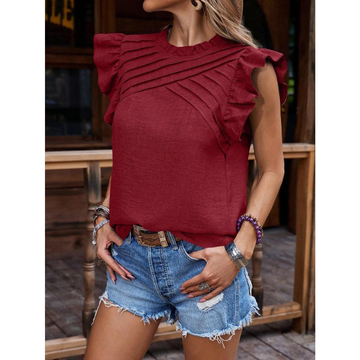 Women s Crew Neck Sleeveless Ruffle Top Regular Fit Casual Pleated Solid Polyester Blouse S