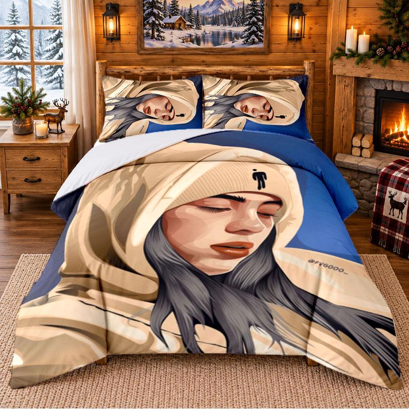 Set de așternuturi cu model Billie Eilish 3 bucăți Cearșaf și fețe de pernă Pentru dormitor interior