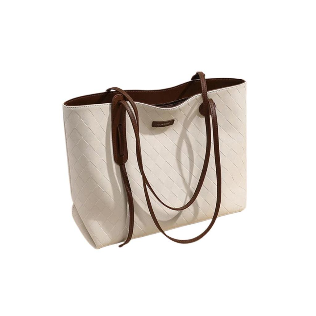 YUYULA Leather Handbag, Women's Tote Bag, Large Capacity, Handheld and Shoulder Strap, Off-White, No Gift Box