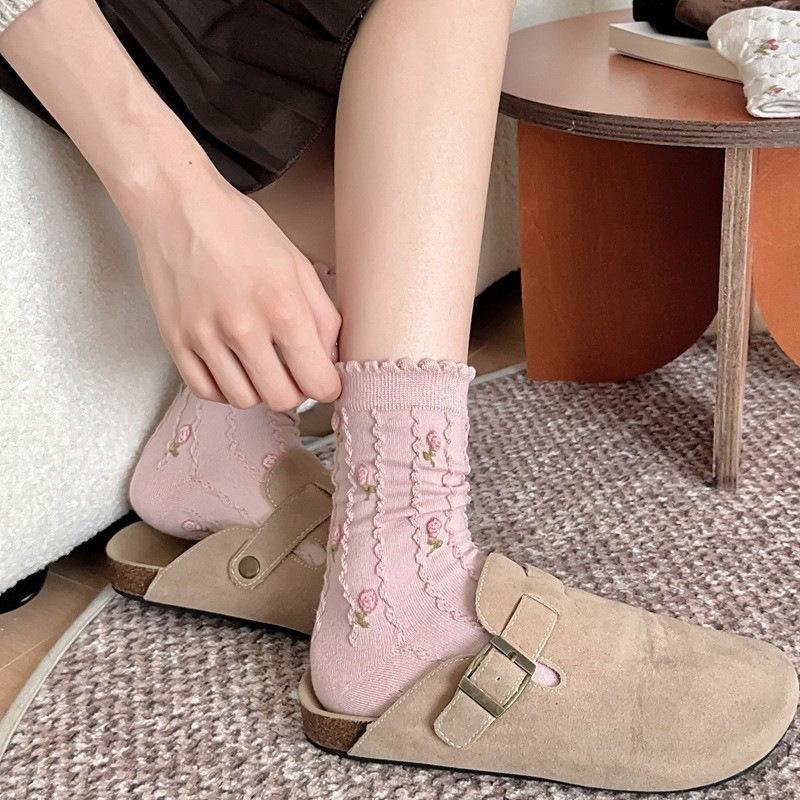 4 Pairs Japanese Style Women Cotton Socks Floral Knitted Mid Calf Crew Socks Ruffle Lace Trim Sweet Cozy Breathable Stockings