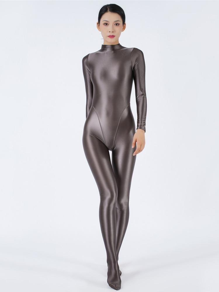 Sexy Women Stain Oil Shiny Elastic Bodysuit Shapping Romper One-Piece Thong Silky Tight Satin Jumpsuits Candy Color Maid Leotard