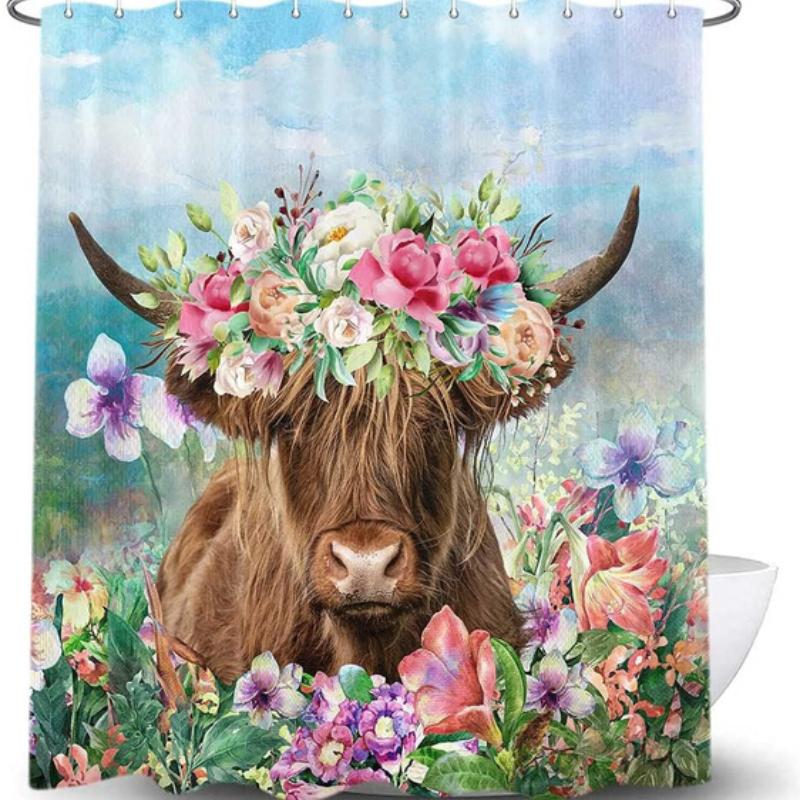 Highland Cow Shower Curtain Rustic Bull Western Farmhouse Cattle Country Restroom Accessories Funny Farm Animal Bathroom Decor