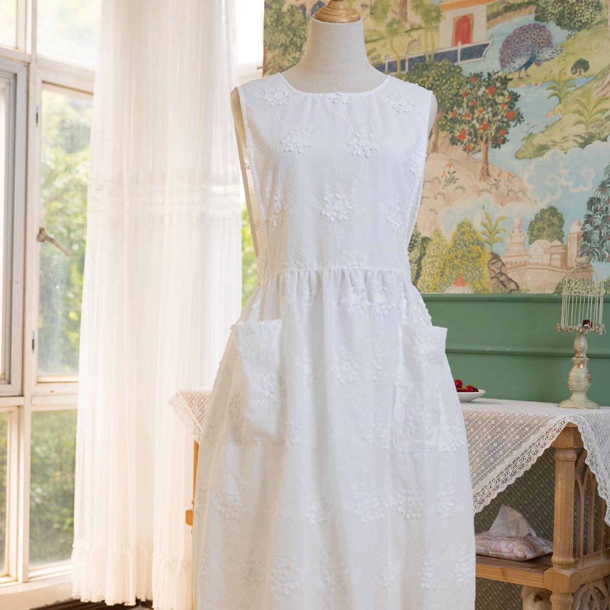 French-Style Luxury Cotton Embroidered White Apron Dress белый