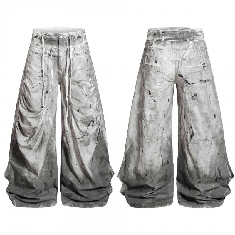 Pantalones Cargo Oversize Oreeta con Estampado de Tinta Lavada Pintado a Mano Corte Relajado Cintura con Cordón Pantalones Utilitarios Hombre Mujer