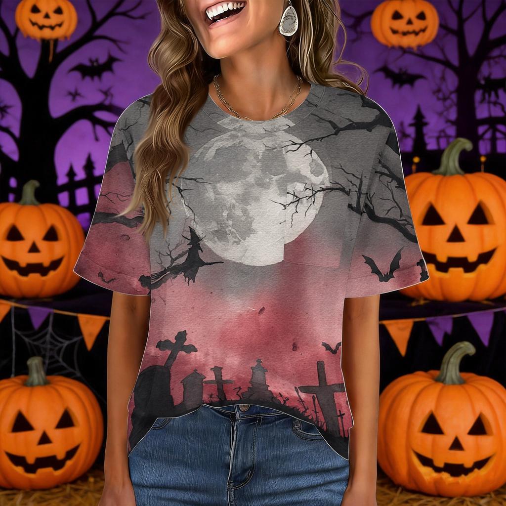 Women's Casual Short Sleeve Pullover Top Halloween Print Round Neck Pocket Design Loose Fit Comfortable T Shirt for Everyday Wear