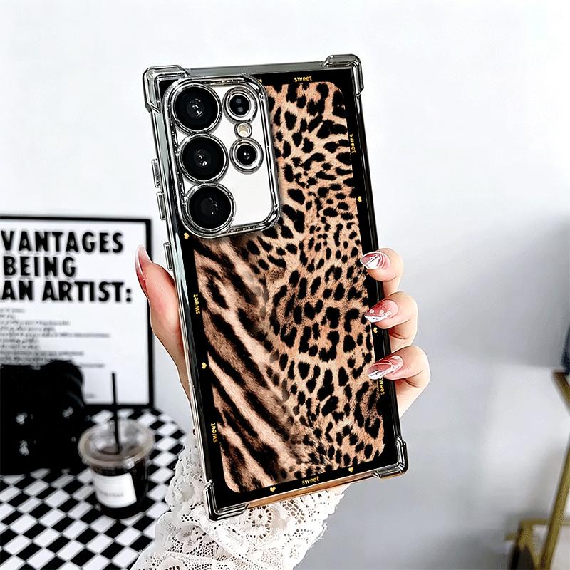 Fashion Sweet Leopard Print Plating Phone Case For Samsung Galaxy S24 S25 FE S26 Edge S23 Ultra S22 S21 Plus S20 Anti-Fall Airab