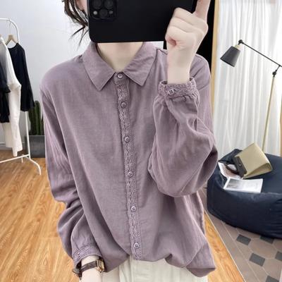 Jacquards Placket Cuffs Lace Long-sleeved Shirt Female Temperament Thin Blouse Tops