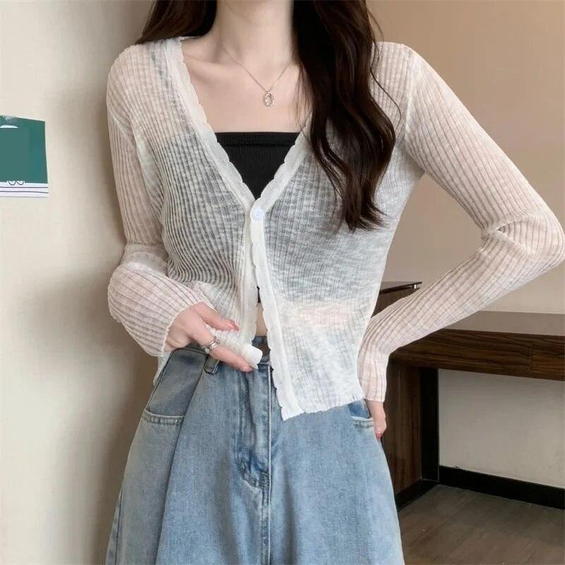 Cardigan sottile in seta di ghiaccio corto bianco da donna manica lunga lavorato a maglia protezione solare slim crop top Kintwear nuova moda semplice casual primavera estate