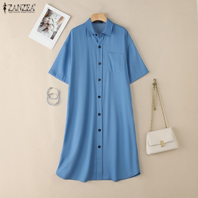 ZANZEA Damen Freizeit Hemdkleid mit Umlegekragen, locker, Sommer, Halbarm