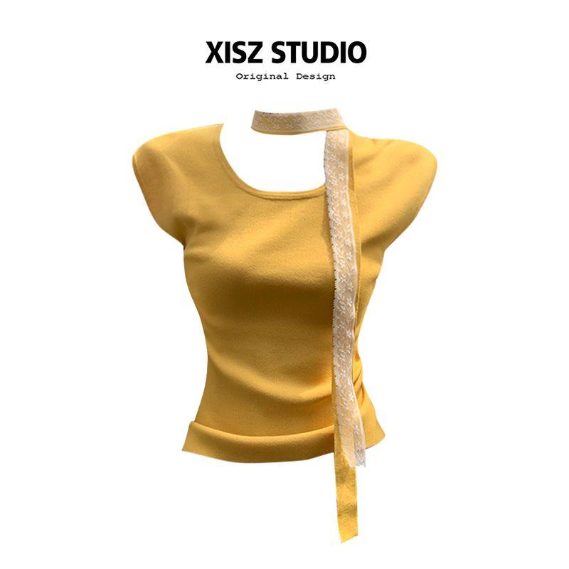 

Korean Style Pure Desire Style U Collar Knitting Short-Sleeved T-shirt Women s Summer Fashion Lace Lace Scarf Ribbon Flying Sleeve Tops Yellow Free Scarf [High Quality] S