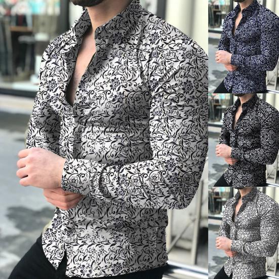 Herrenmode Hemd mit Blumenmuster, Slim Fit, Langarm, Knopfleiste, Umlegekragen