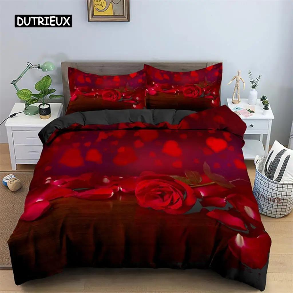 Rose Duvet Cover Set Microfiber Pink Heart Rose Romantic Flower Theme Bedding Set For Lovers Double Queen King Size Quilt Cover