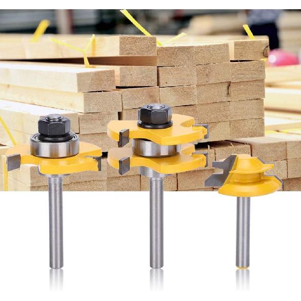1/4 Inch Shank Router Bit Set, 3PCS Tongue and Groove Router Bits, 45 Degree Joint Router Bits, 3 Teeth T Shaped Wood Milling Cutter Set for