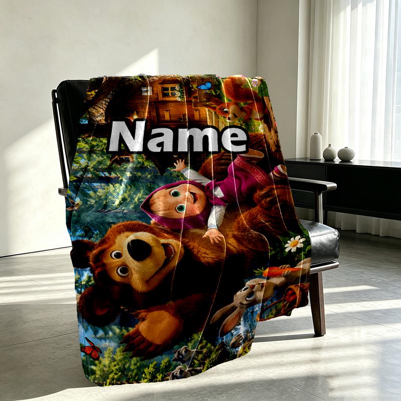 Custom Name Personalized Masha and The Bear Print Blankets, Home Decor, Bedroom, Sofa, Camping, Couch, Gifts for Birthday Christmas