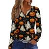 Haut T-shirt Décontracté Mode Femme Imprimé Halloween Col en V Bouton Bordure Manches Longues