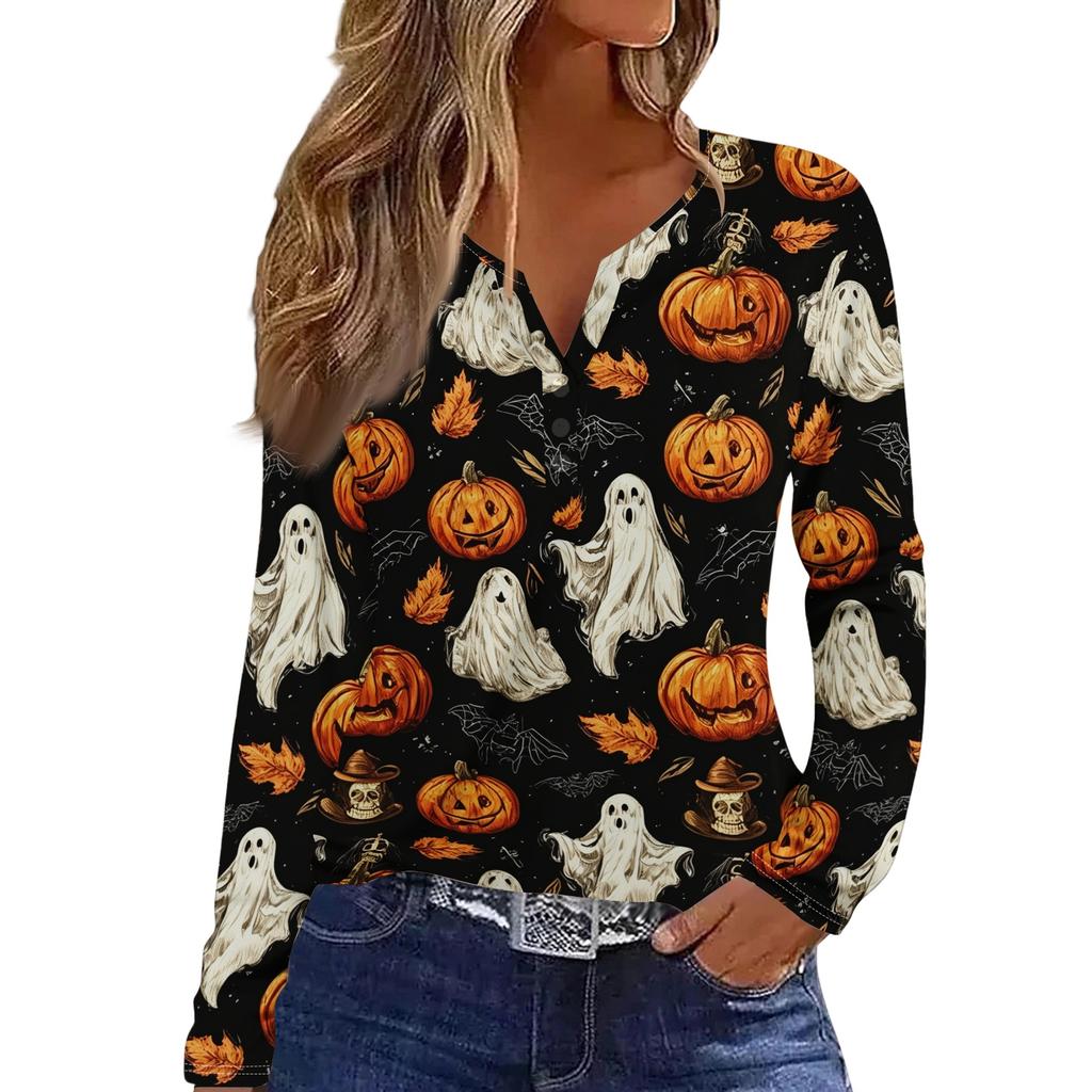 Haut T-shirt Décontracté Mode Femme Imprimé Halloween Col en V Bouton Bordure Manches Longues